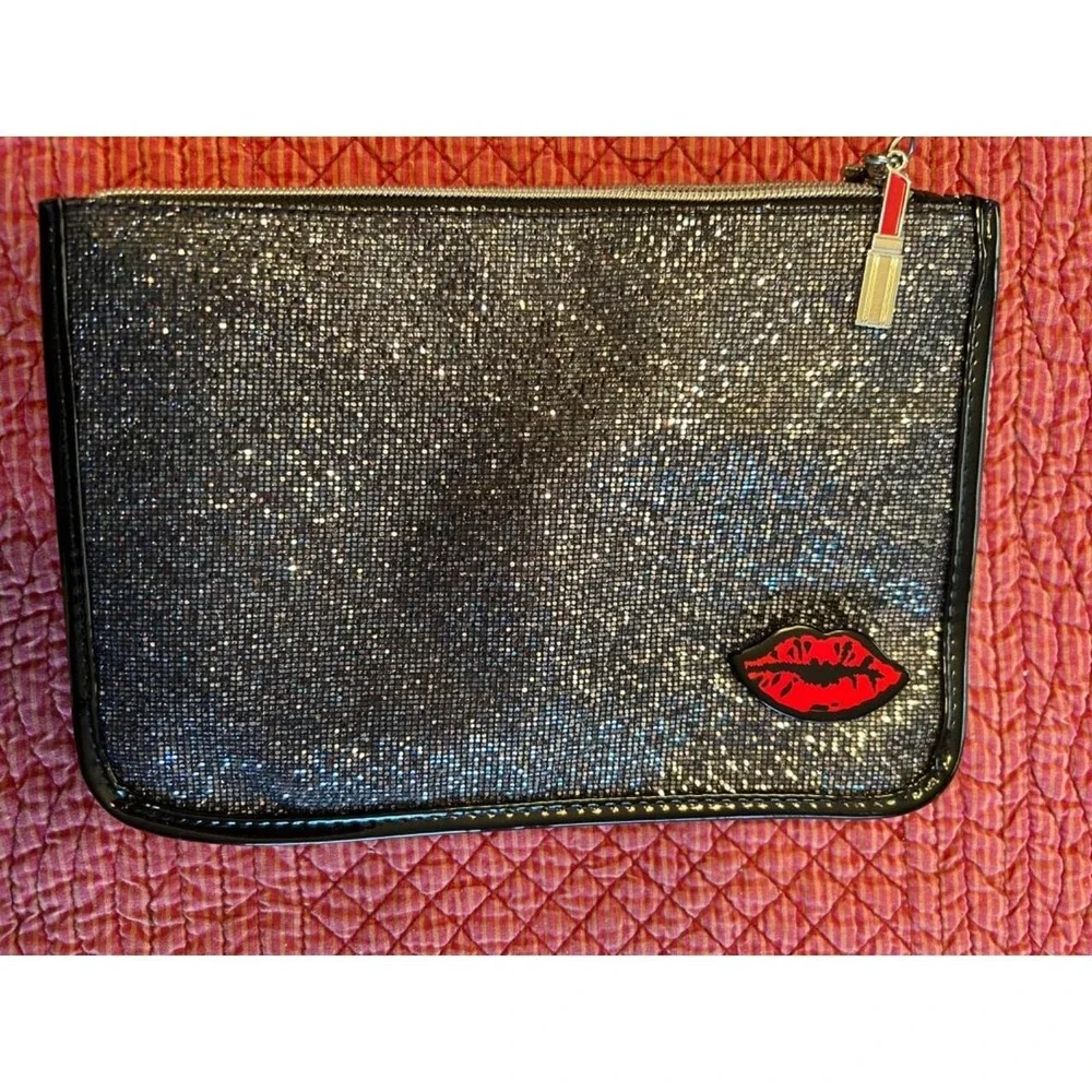 Silver Black Glitter Makeup Cosmetic Evening Bag Lips Charm Lipstick Zipper Pull